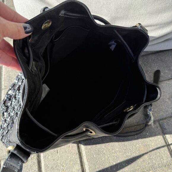 Marta Ponti Portugal Black Leather Woven Crossbody Bag Tan Fabric Great Gift NWT - Picture 6 of 13